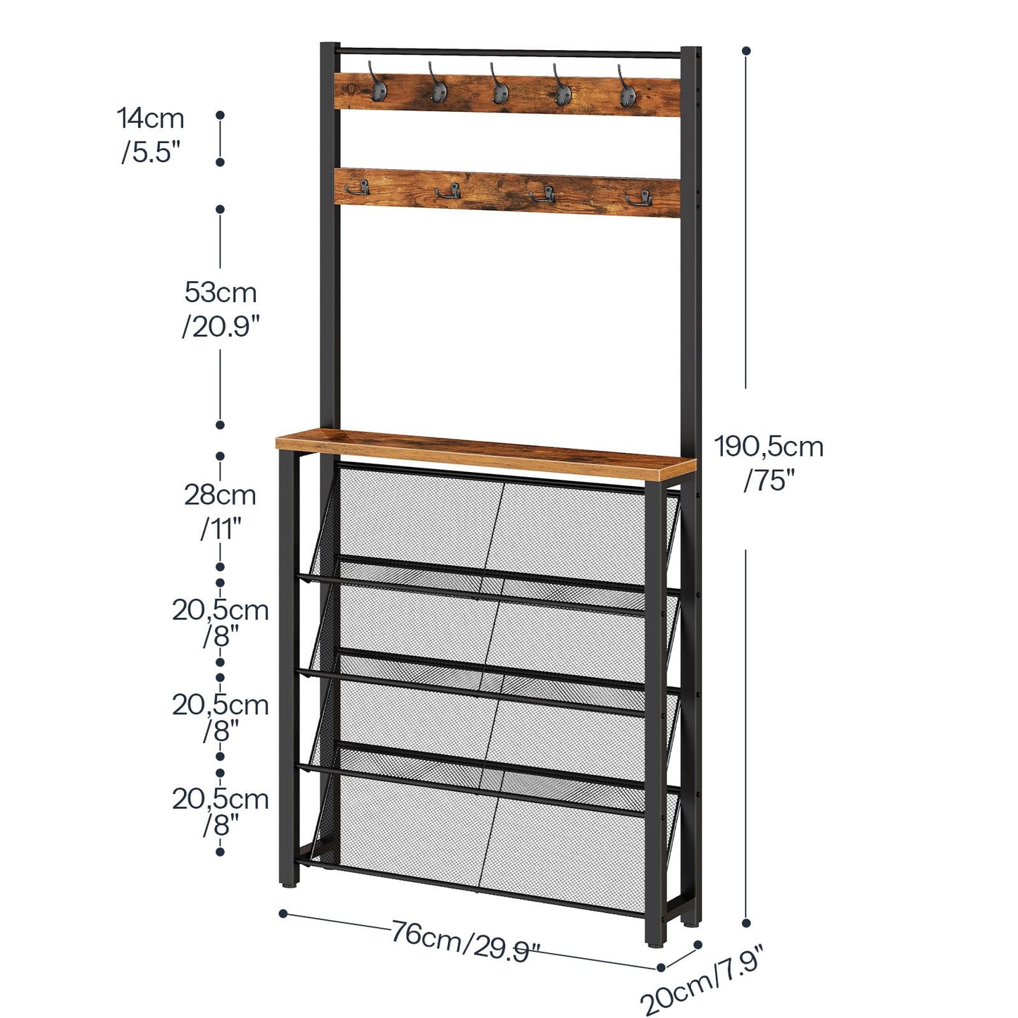 HOOBRO Coat Rack with Shoe Storage, Narrow Shoe Rack with Coat Rack and 9 Hooks, 5 Tier Slanted Storage Shelves, Coat Stand for Hallway, Entryway