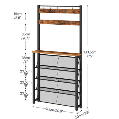 HOOBRO Coat Rack with Shoe Storage, Narrow Shoe Rack with Coat Rack and 9 Hooks, 5 Tier Slanted Storage Shelves, Coat Stand for Hallway, Entryway