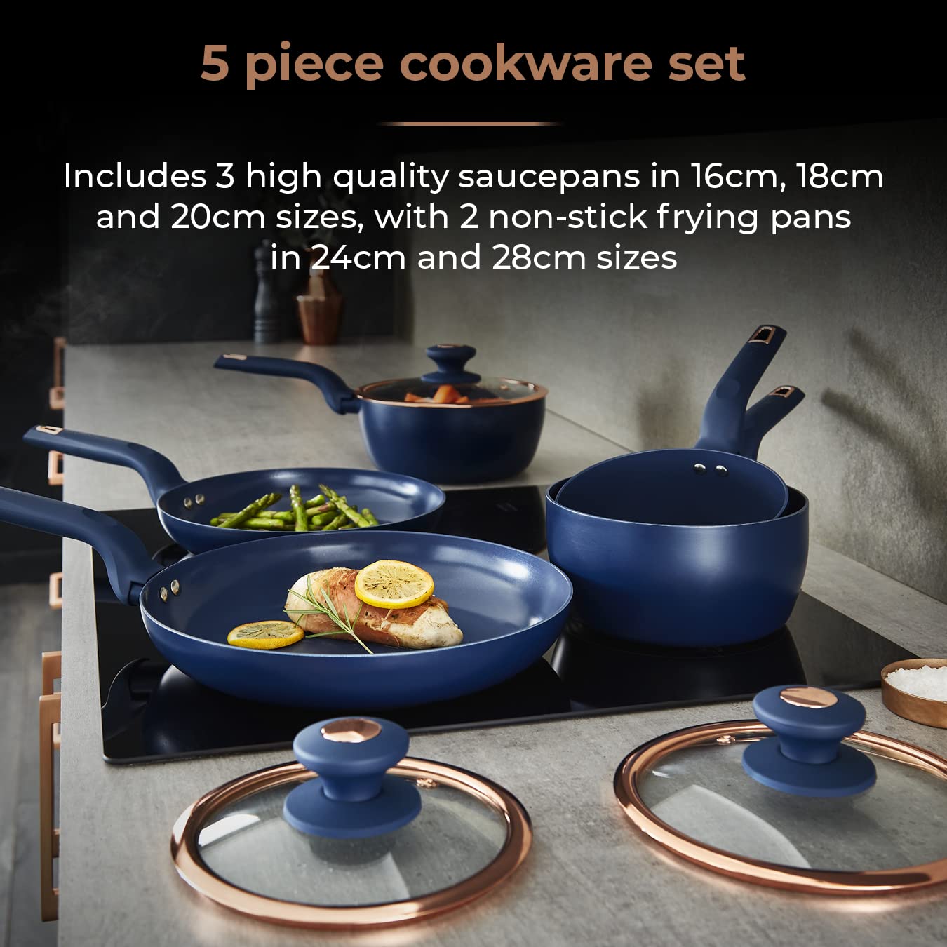 Tower T800232MNB Cavaletto 5 Piece Cookware Set with 16cm, 18cm, 20cm Saucepans and 24cm, 28cm Non-Stick Frying Pans, Midnight Blue & Rose Gold