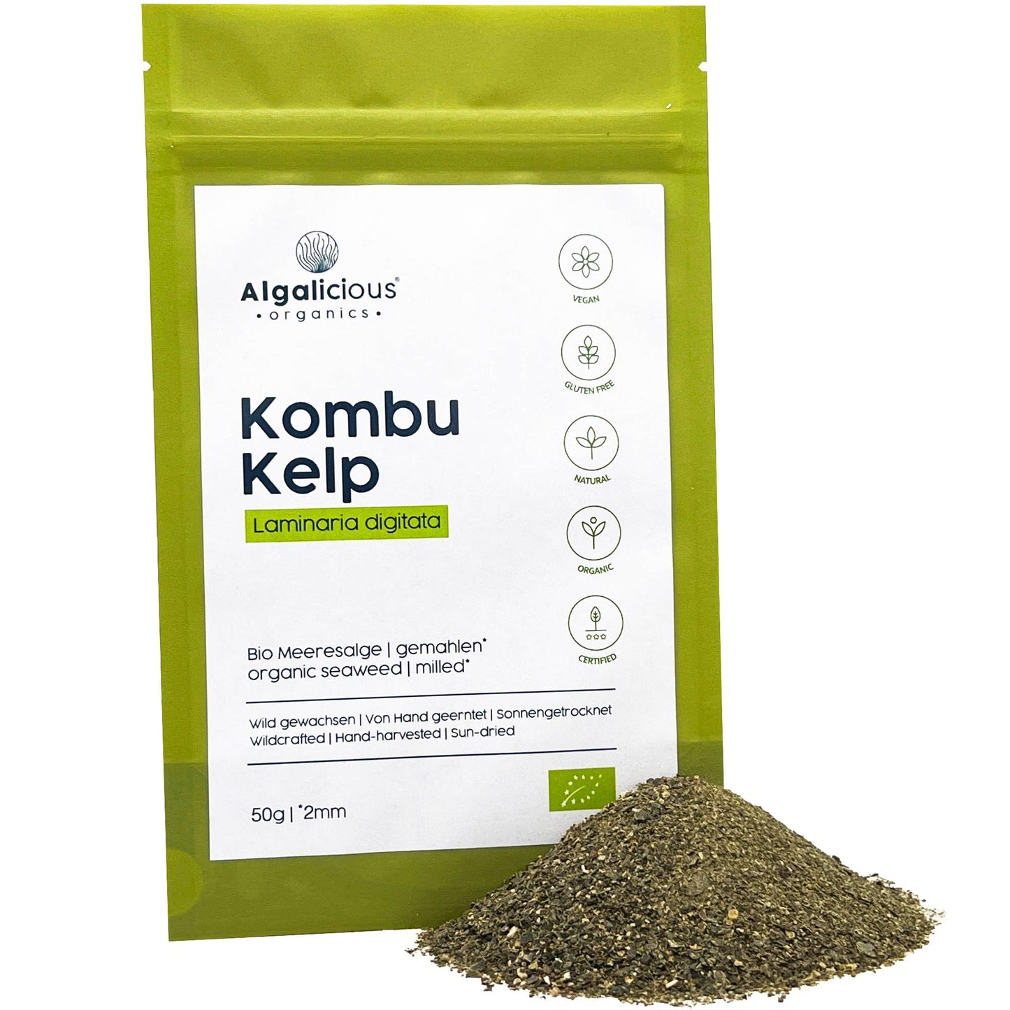 ALGALICIOUS Algae Kombu Bio | 50g | Laminaria Digitata Seaweed Flakes | Irish Brown Algae | No Additives | North Atlantic | 2 mm