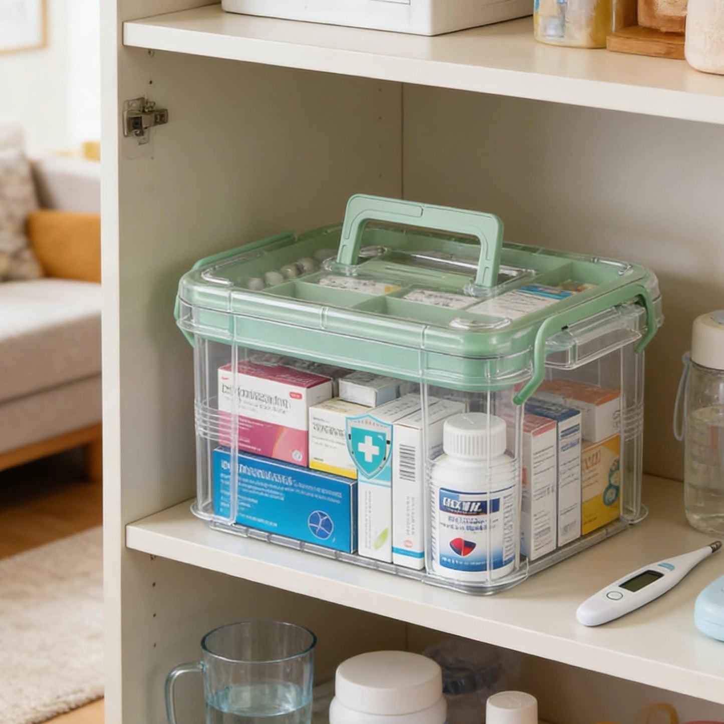 Calolin Small Medicine Storage Box, Double Layer Multi-Grid First Aid Box with Handle, Portable Medicine Organizer with Dividers