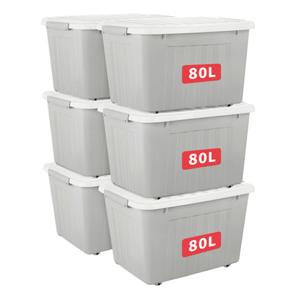 Cetomo 80L*6 Storage Boxes with Lids, Plastic Storage Box with Wheels and Secure Side Latches, Stackable & Nestable Organizer for Home, Office