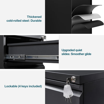 LVSTEEL Mobile Filing Cabinet, Under Desk 3-Drawer Lockable Cabinet with Wheels, Filing Cabinets for Home Office, Pre-Assembled, Black