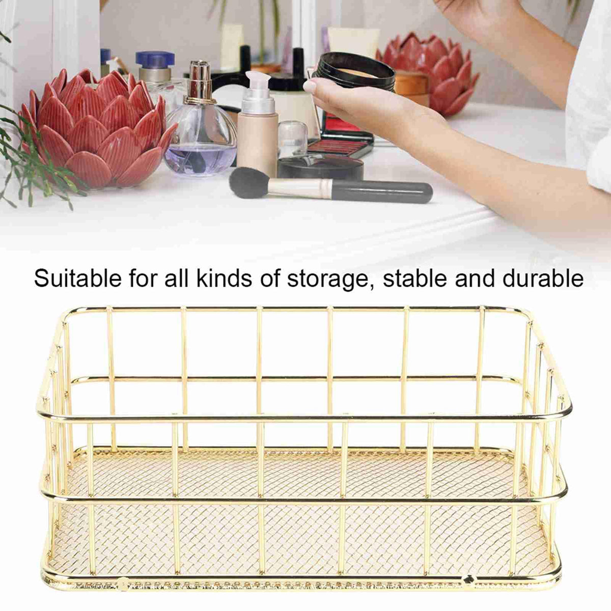 WGFOIP Metal Wire Mesh Storage Basket, Golden Iron Desktop Organizer with Sturdy Wrought Iron Construction