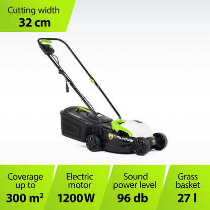 Murray Corded Electric Lawnmower 2-in-1 - Compact Lawn Mower 1200W/32cm with Grass Box 27L for Small Lawns - Ergonomic Soft Grip for Easy Grass