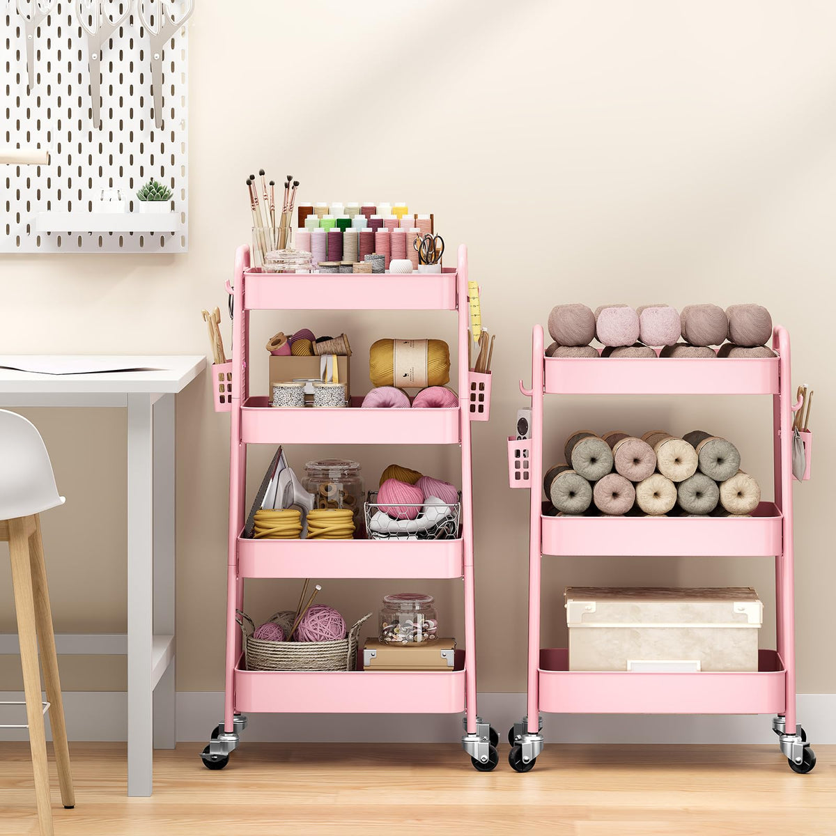 Urackify 4 Tier Storage Trolley on Wheels, Pink