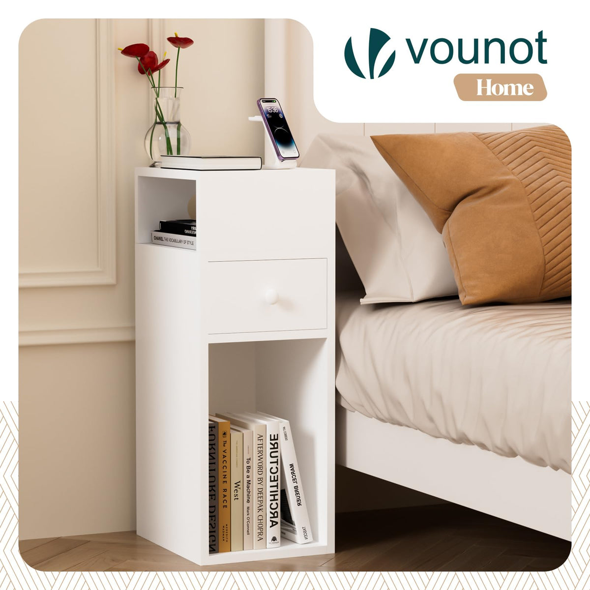 VOUNOT® Slim Bedside Table, Narrow Wood Bedside Cabinet with Drawer and Open Shelf, Small Bedside Unit, Thin Nightstand for Bedroom, Living Room