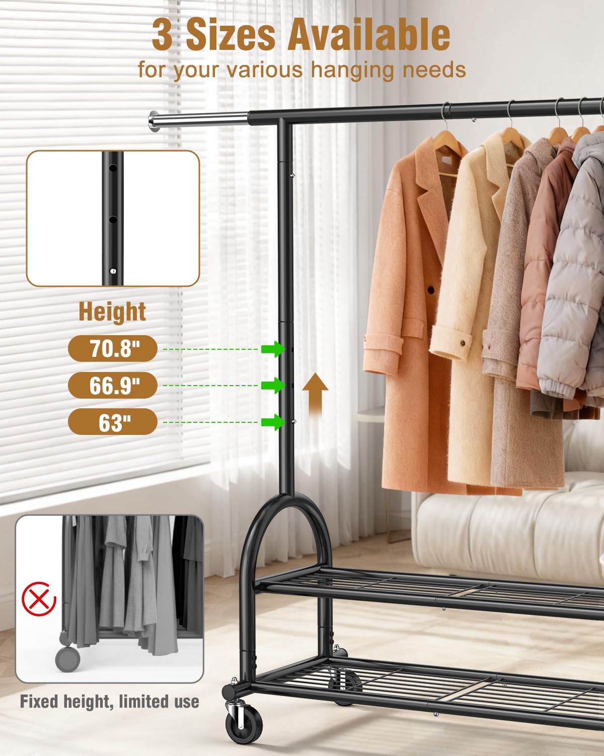 EAGMAK Heavy Duty Clothes Rail Load 252 KG, Rolling clothing Rail with Sturdy Wheels and 2 Shelves, Height Adjustable Metal Coat Racks