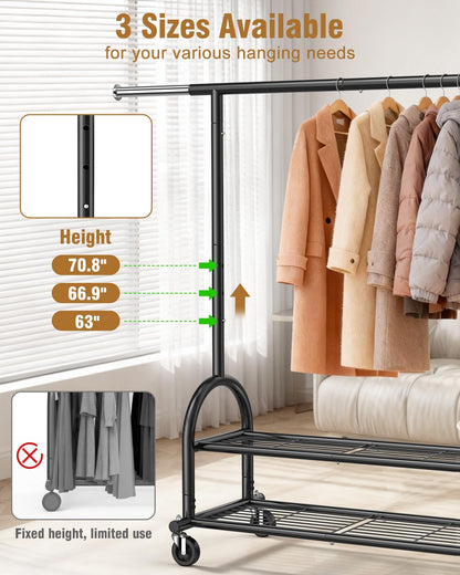 EAGMAK Heavy Duty Clothes Rail Load 252 KG, Rolling clothing Rail with Sturdy Wheels and 2 Shelves, Height Adjustable Metal Coat Racks