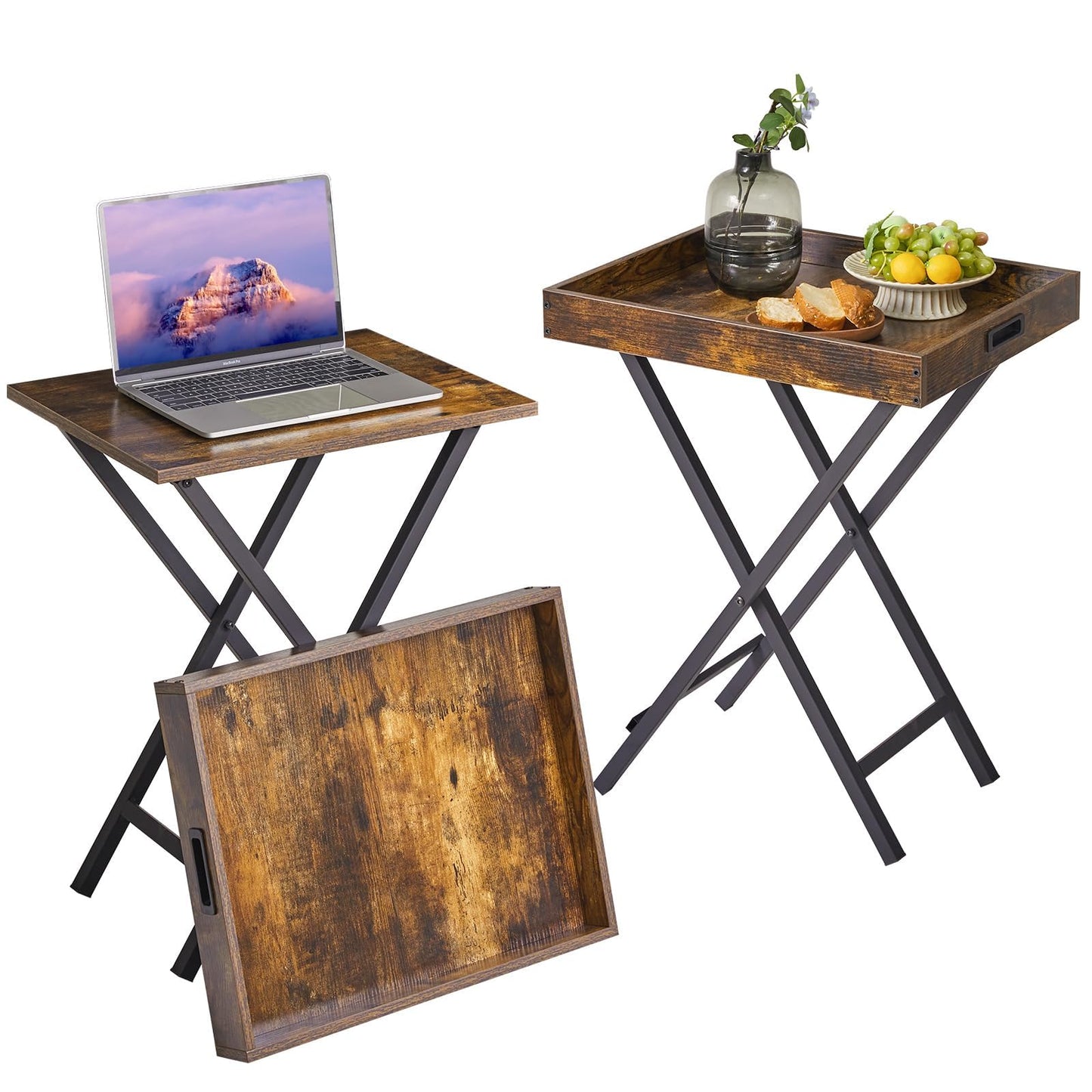 IBUYKE Folding TV Tray Tables 2 Set, Foldable Side Table with Removable Food Serving Tray, Portable Wooden Coffee Snack Table for Livingroom, Bedroom