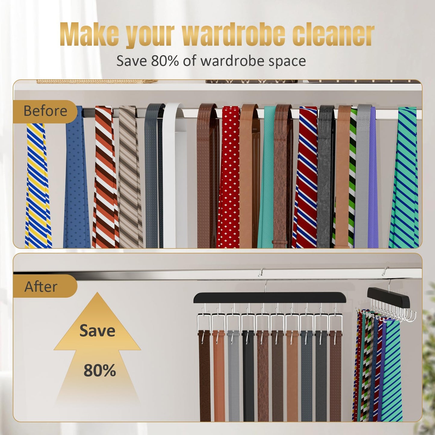 Belt Tie HANGER 20 Hooks 2 in 1 Hanger for Closet Max 30 Belts with 30 Ties Capacity