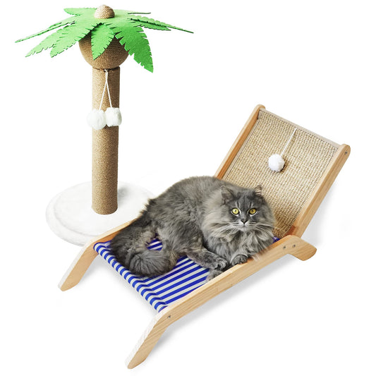 PETKARAY Cat Hammock with Coconut Palm Tree Scratching Post, Cozy Beach Chair Elevated Cat Beds, Original Cat Lounger for Indoor Cats