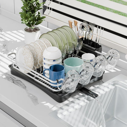 BRIAN & DANY Aluminum Dish Drying Rack, Dish Drainer with Removable Cutlery Holder & Cup Holder, Unique 360 Swivel Spout Drain Board, Silver, 41.9x