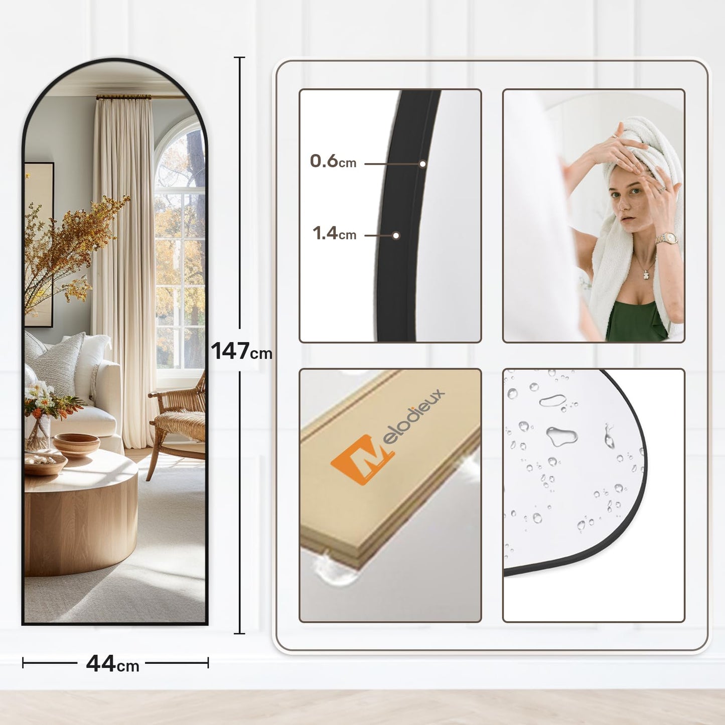 Melodieux Arch Full Length Mirror 147 x 44 cm Large Freestanding Black Aluminium Frame Dressing Wall Mounted Mirror for Living Room Bedroom