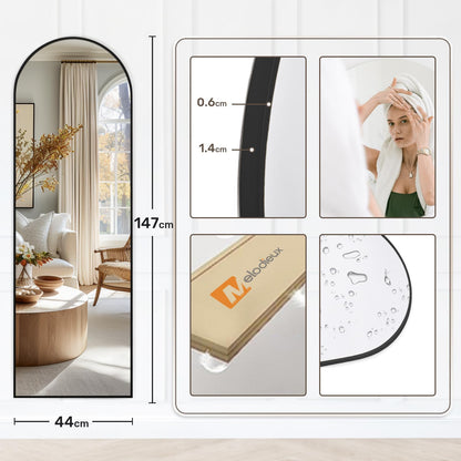 Melodieux Arch Full Length Mirror 147 x 44 cm Large Freestanding Black Aluminium Frame Dressing Wall Mounted Mirror for Living Room Bedroom