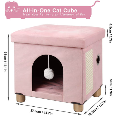 BRIAN & DANY Cat Cave for Indoor Cats, Multifunctional Cat Cube House with Scratch Board & Ball, Foldable Cat Bed, 37.5 x 32.5 x 36 cm, Pink