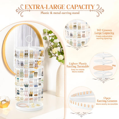 iDavosic.ly 6 Tier Rotating Earring Holder Organizer with Metal Tray, White