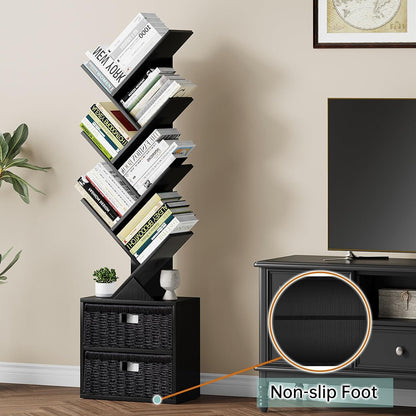 Vagusicc 6 Tier Tree Bookshelf, Modern Floor Standing Bookcase with Storage Drawer, Space Saving Storage Organizer Book Shelves for Books