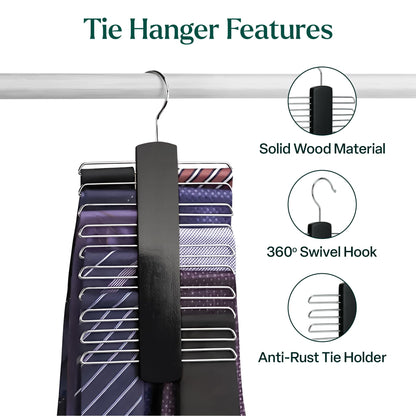 Tie Hanger Wooden Hangers Wardrobe Tie Organiser - Stylish Hanging Storage Rack With 20 Chrome Bars With Swivel Hook for Tie, Belt