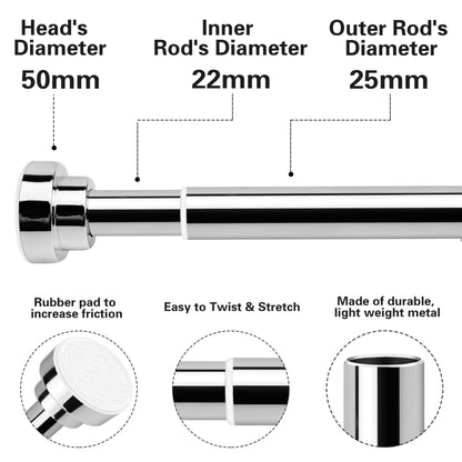Stainless Steel Extendable Shower Curtain Rod Tension Pole (72cm-130cm),including 2 Holders,Net Voile Curtains Rail,Adjustable Telescopic Rods