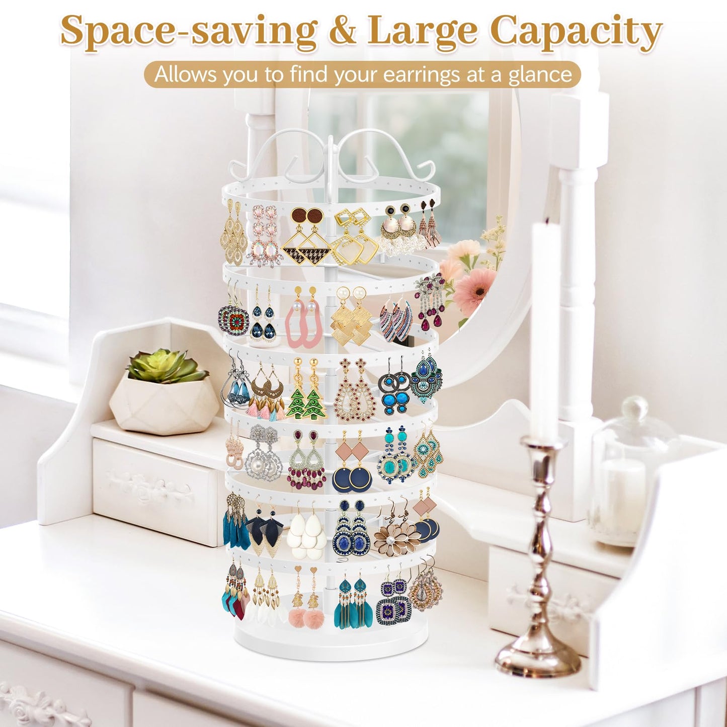 TANOSAN Rotating Earring Holder Organizer Stand, 6 Tiers Metal Tree, White