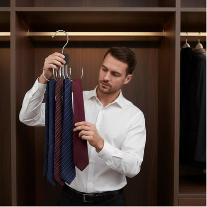 Belt & Tie Hanger Closet Organizer with 6 Rotating Hooks – Space-Saving Clothes Rack for Belts, Ties, Scarves, Hats (Wood color2pcs)