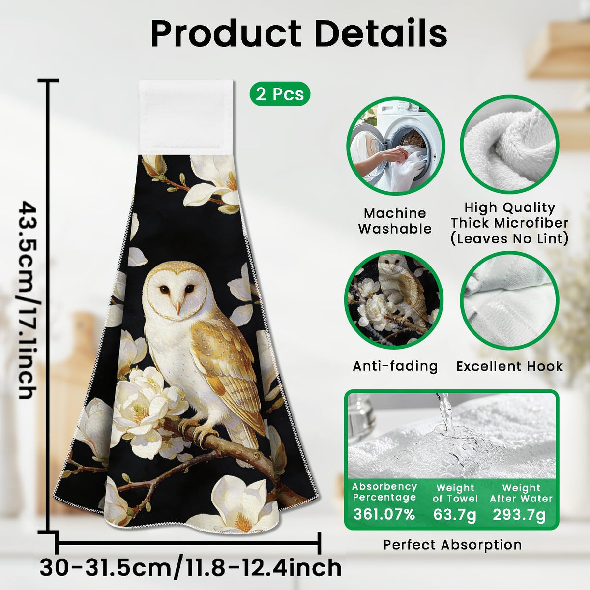 CUTHOLLOW 2 Pcs Owl and White Magnolia Hanging Kitchen Towels with Loop