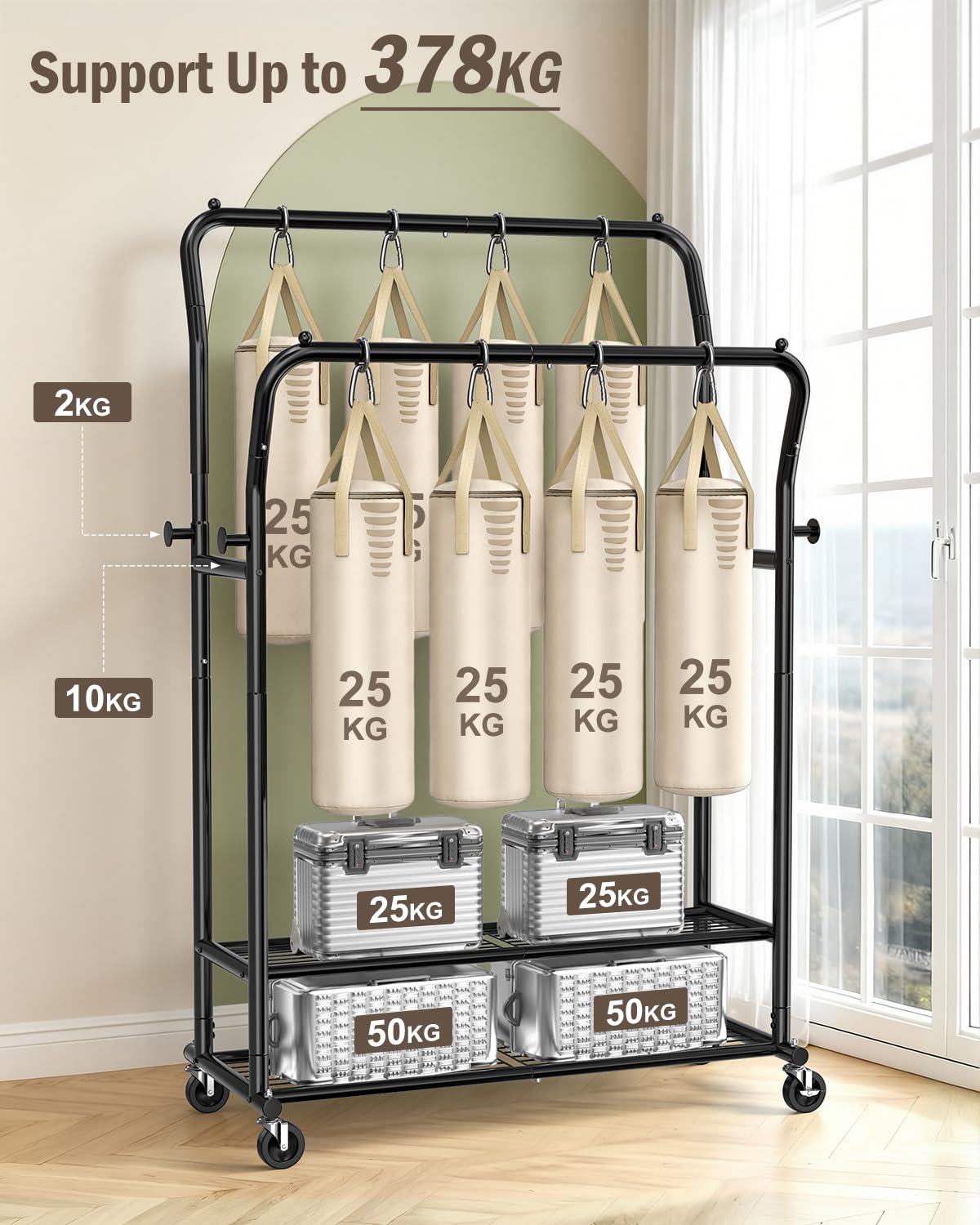 EAGMAK Heavy Duty Clothes Rail Load 378 kg, Double Rods Clothing Rails on Wheels, Height Adjustable Hanging Rack with Shelves & Coat Hooks