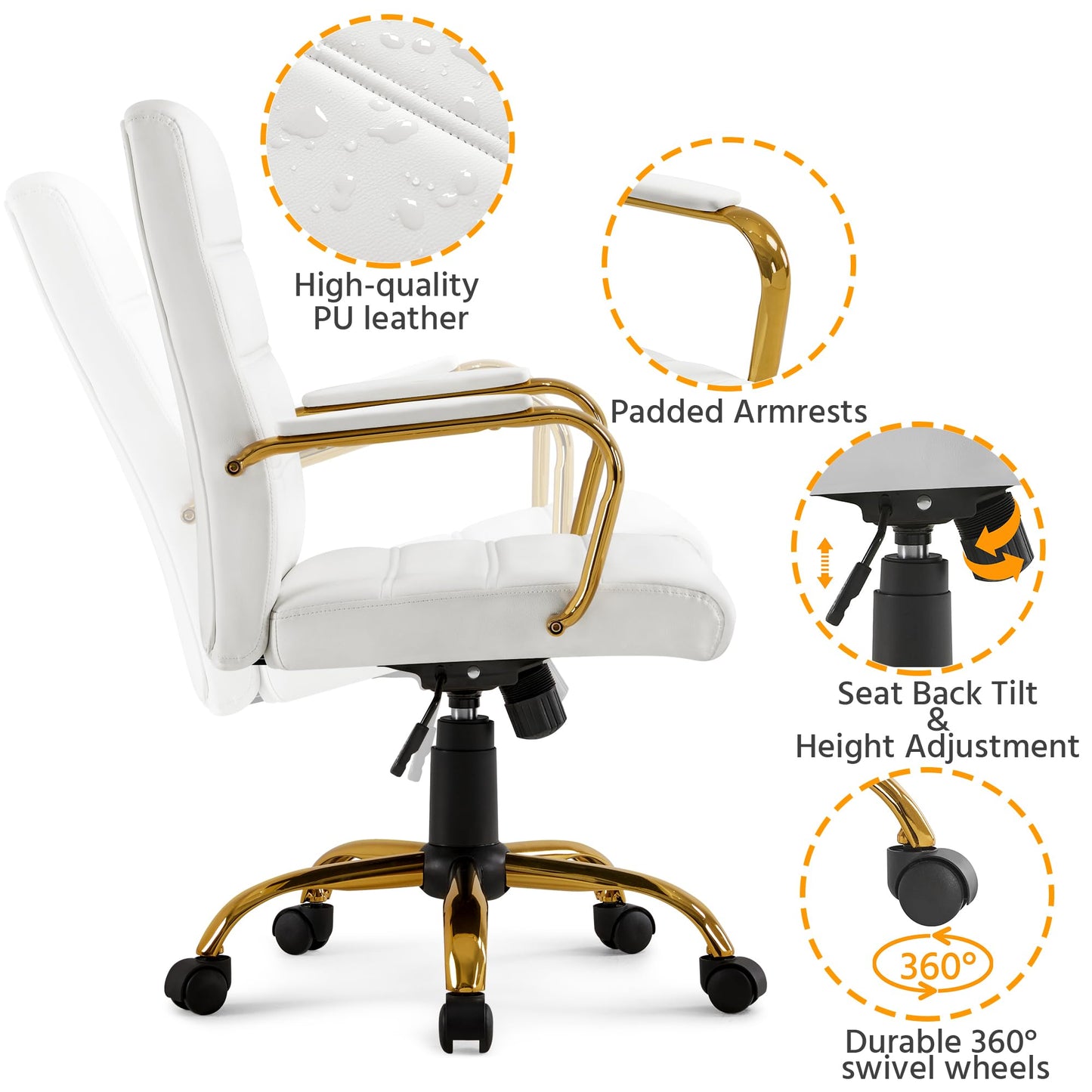 Yaheetech Mid-Back PU Leather Swivel Chair Gold Leg & Lumbar Support, White
