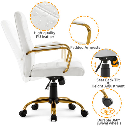 Yaheetech Mid-Back PU Leather Swivel Chair Gold Leg & Lumbar Support, White