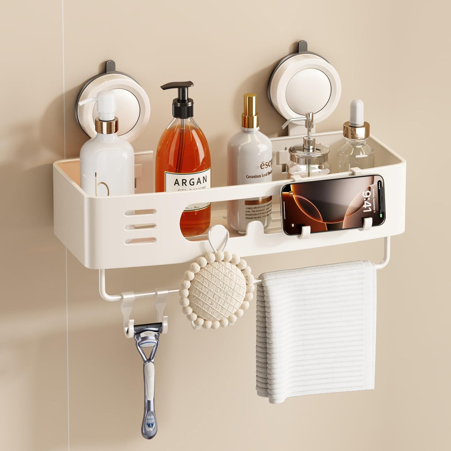 Voldra Shower Caddy Suction Cup, Adhesive Bathroom Shelves Shower Storage Wall Mounted Aluminum Bathroom Caddy Stick on Shower Organiser Rack With 4