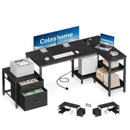 Coleshome Corner Desk with Drawers, 160x80cm L Shaped Computer Desk with Storage Shelves & CPU Stand