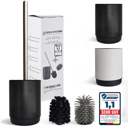 Ri|Do Systems Toilet Brush & Holder Black - Stainless Steel Handle - Toilet Brush Including 2 Brush Heads for the Bathroom
