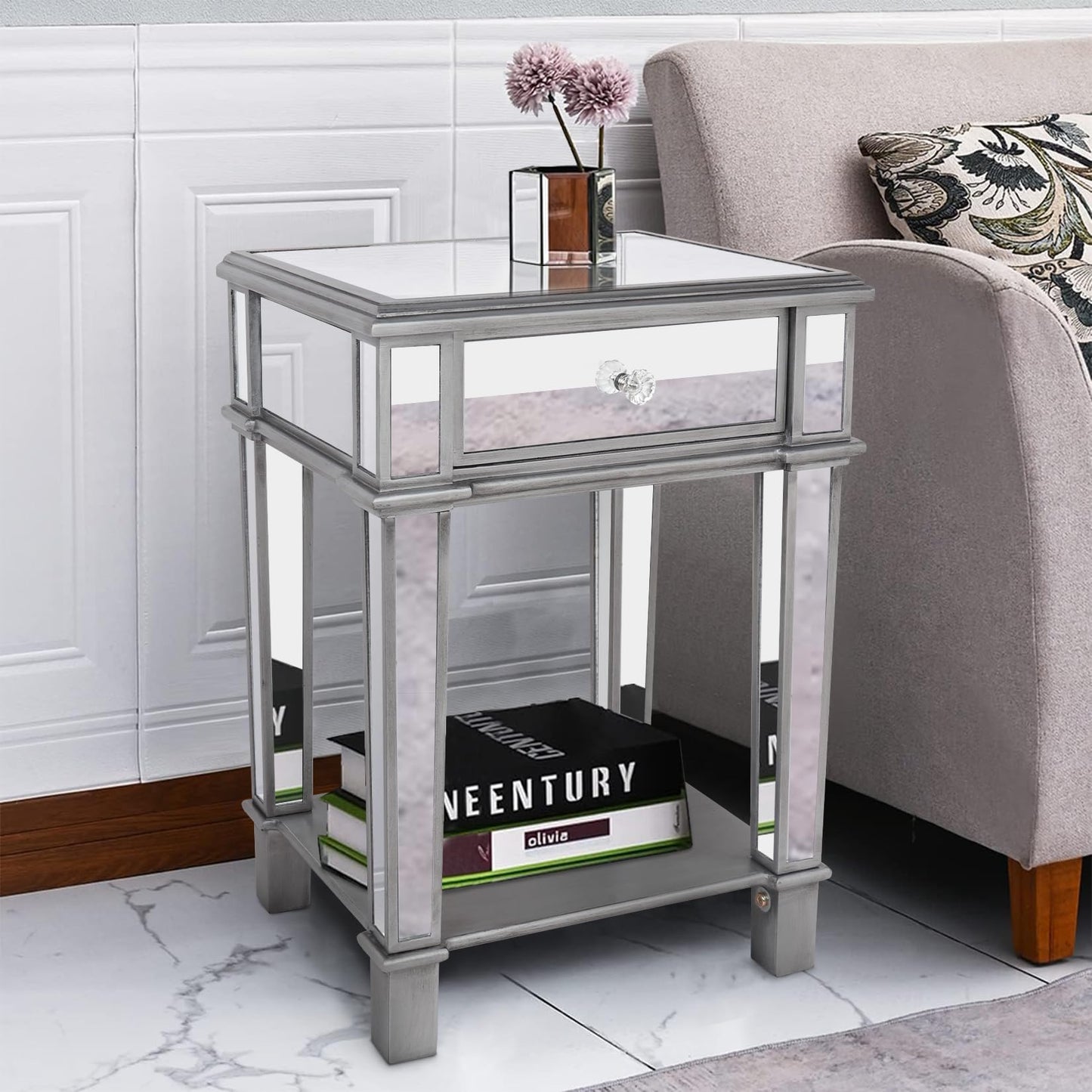 Artloge Mirrored Bedside Table Silver Nightstand : Silver Glass End Tables 45x38x64cm Mirrored Side Table with Drawer and Open Shelf for Bedroom,