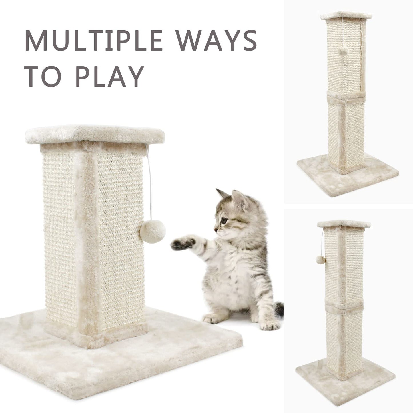 SONGWAY Tall Cat Scratching Post - Natural Sisal Cat Scratcher with Teasing Toy Ball and Covered with Soft Plush, Scratch Toy for Cats Kittens, Beige