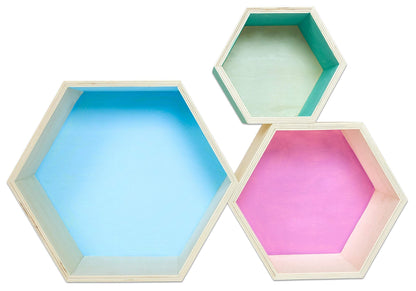 Creativ Company 56430 Hexagon Shelves, H: 14,8+19+24,2 cm, Depth 10 cm, Plywood, Hexagonal, 3 Assorted Shelves and Sizes