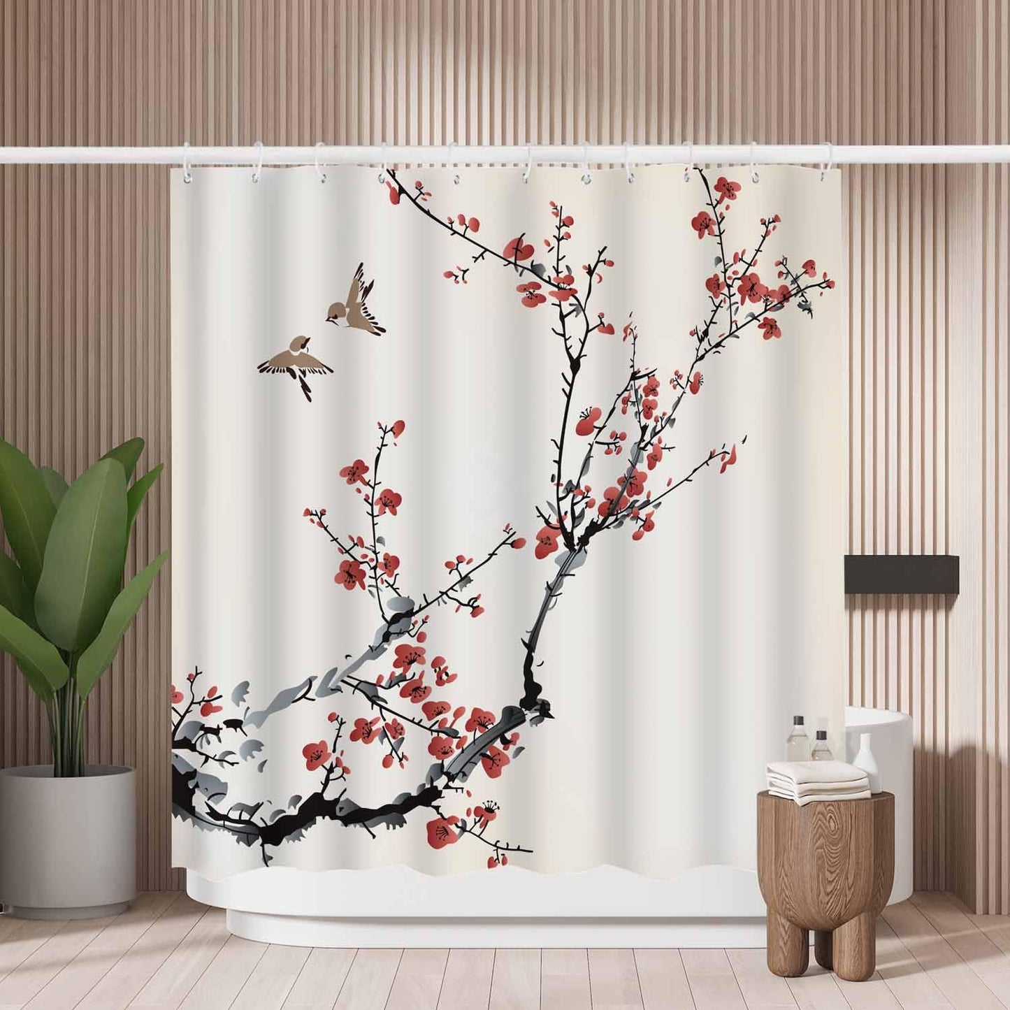 Woutay Shower Curtain Mould Proof Resistant Birds and Winter Flowers,Water Repellant Fabric,Polyester,with 12 Plastic Hooks,Size 180x180CM