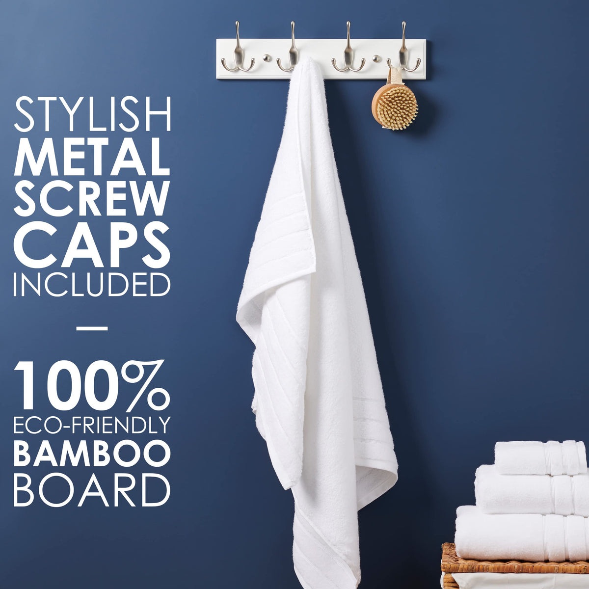 LARHN White Wall-Mounted Coat Rack - 4 Matt-Nickel Coat Hooks, 42cm