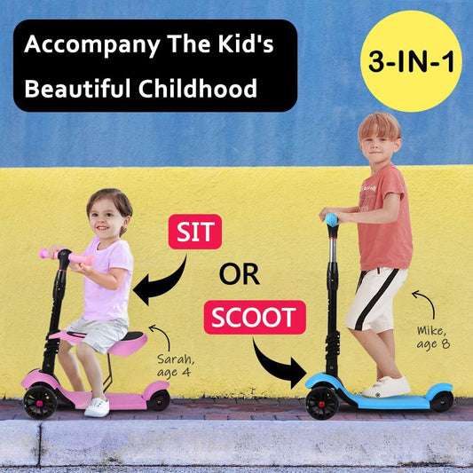 YOLEO Kids Three Wheel Kick Scooter with Removable Seat, LED Flashing Wheels, Height Adjustable, 3-in-1 Lightweight Children's Scooter Boys and Girls