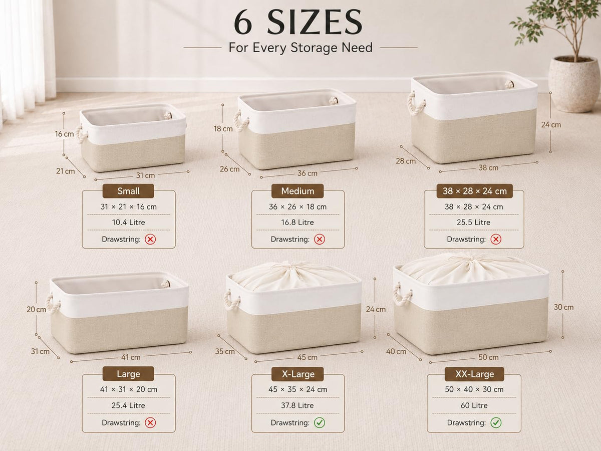 Mangata Storage Boxes, Small Fabric Storage Baskets with Rope Handles for Cupboards, Shelves, Wardrobe, Toys, Clothes (Foldable, Light Khaki White)