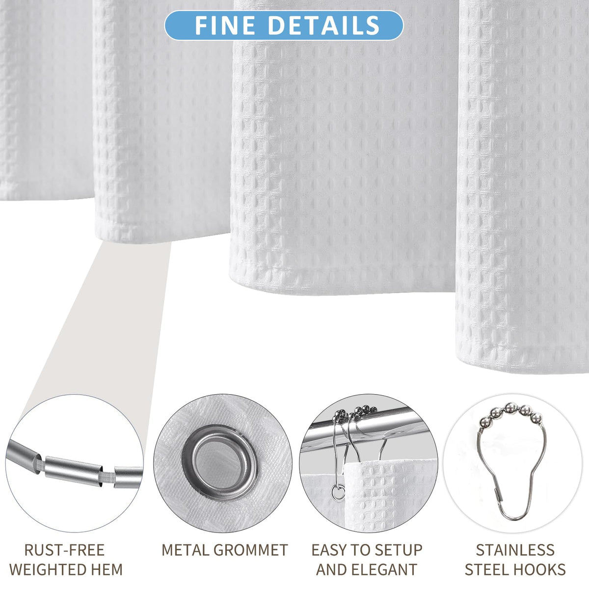 FY&XZH Heavy-Duty Waffle Weave Shower Curtain with Stainless Steel Hooks, Thick Fabric for Bathroom, Hotel, Spa & Salon-153 x 214cm (White)