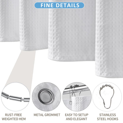 FY&XZH Heavy-Duty Waffle Weave Shower Curtain with Stainless Steel Hooks, Thick Fabric for Bathroom, Hotel, Spa & Salon-153 x 214cm (White)