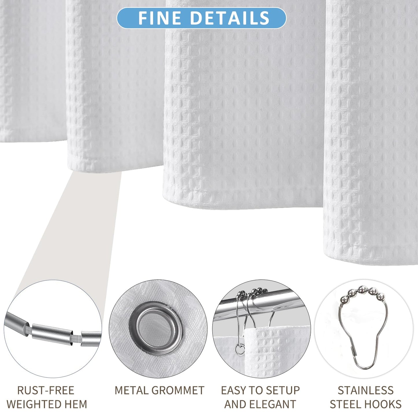 FY&XZH Heavy-Duty Waffle Weave Shower Curtain with Stainless Steel Hooks, Thick Fabric for Bathroom, Hotel, Spa & Salon-122 x 183cm (White)
