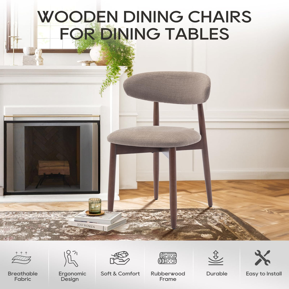 COLAMY Wooden Dining Chairs Set of 6, Modern Fabric Upholstered Kitchen Side Chairs, Farmhouse Dining Room Chair with Foot Pegs, Camel