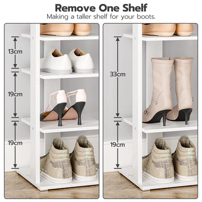 HOOBRO Shoe Rack Wooden, White Shoe Shelf, Tall, Narrow Shoe Storage Organizer with 2 Hooks, Vertical Shoe Tower for Entrance, Living Room, Hallway