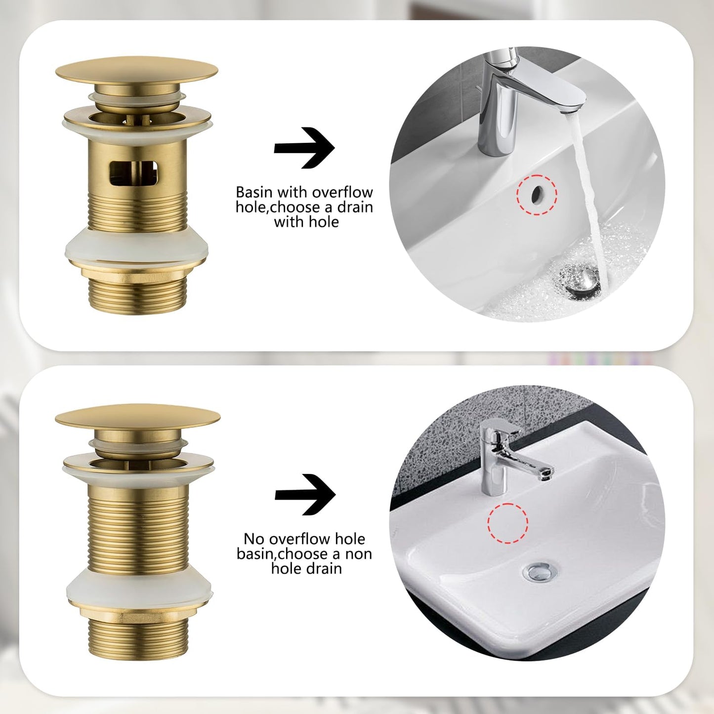 NIYATA Brushed Gold Pop Up Basin Waste with Overflow, 1 1/4" Click Clack Sink Plug for Bathroom, Slotted Push Button Waste for Vessel Sinks