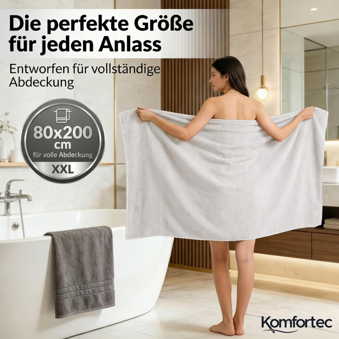 Komfortec Jumbo Bath Towels, 100% Cotton, Quick Dry, 80x200, Grey & White