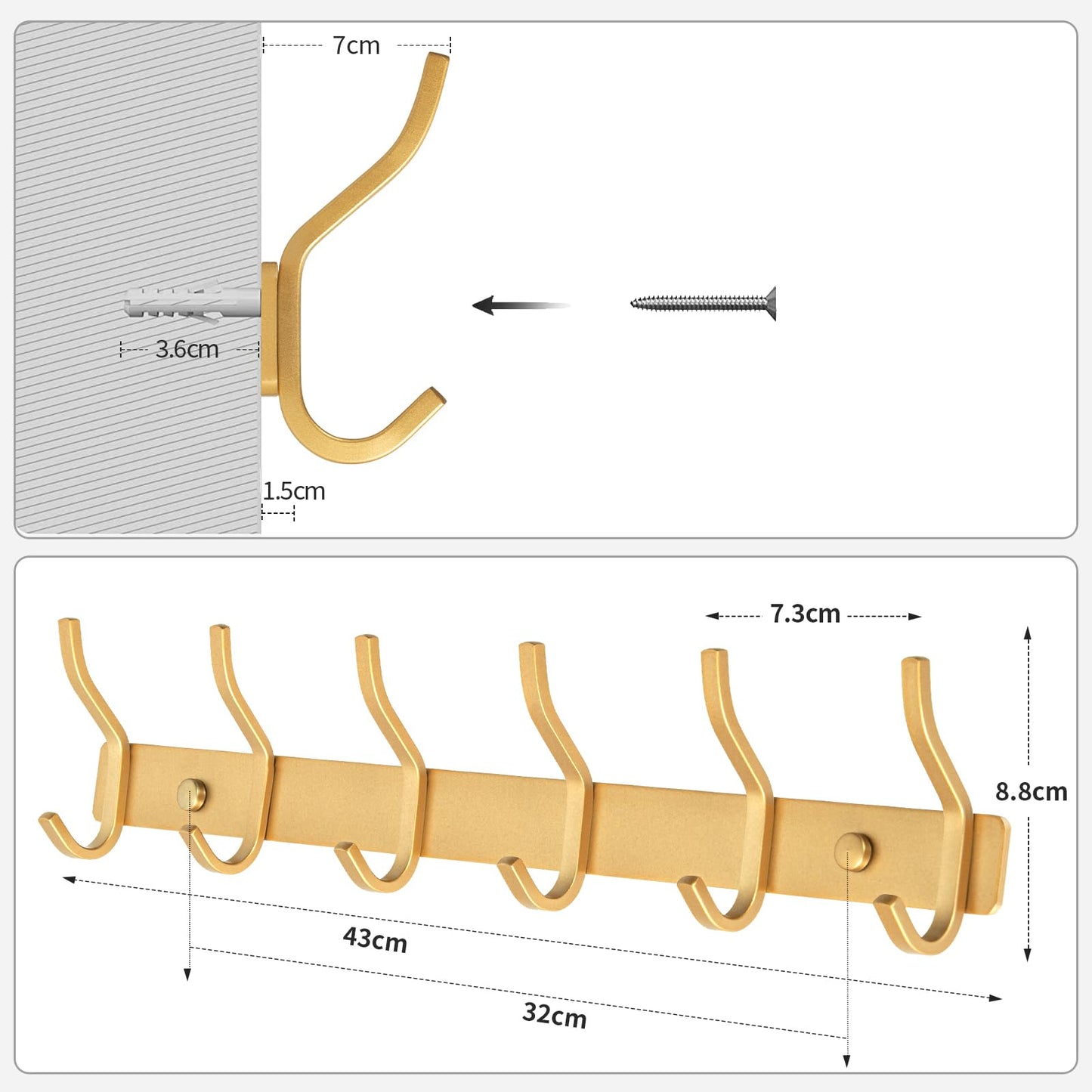 MEIJO Coat Hooks Wall Mounted, Coat Rack Wall Mounted Stainless Steel with 6 Hooks Heavy Duty Coat Hooks for Door, Bedroom, Bathroom, Kitchen