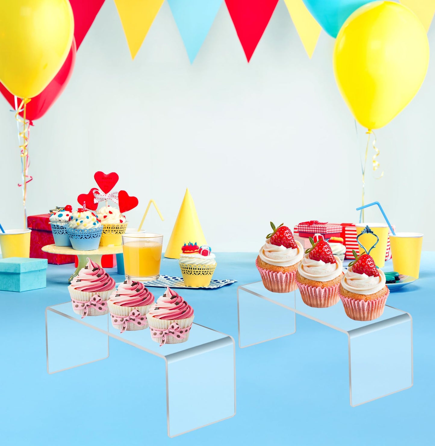 Jusalpha 4 PC Clear Acrylic Risers, Acrylic Display Risers Shelf Showcase Fixtures for Jewelry, Display Stand for Amiibo Funko POP Figures, Cupcakes