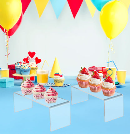 Jusalpha 4 PC Clear Acrylic Risers, Acrylic Display Risers Shelf Showcase Fixtures for Jewelry, Display Stand for Amiibo Funko POP Figures, Cupcakes